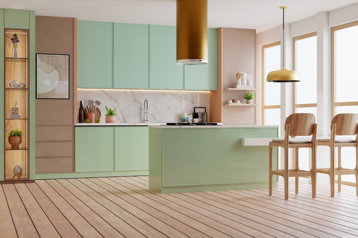 prikaz pastelno zelene kuhinje 